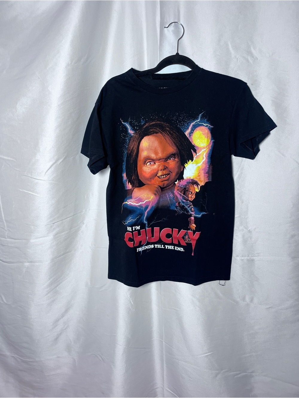 Hybrid Apparel Black Tee with White Chucky Logo  two , It  the clown too.